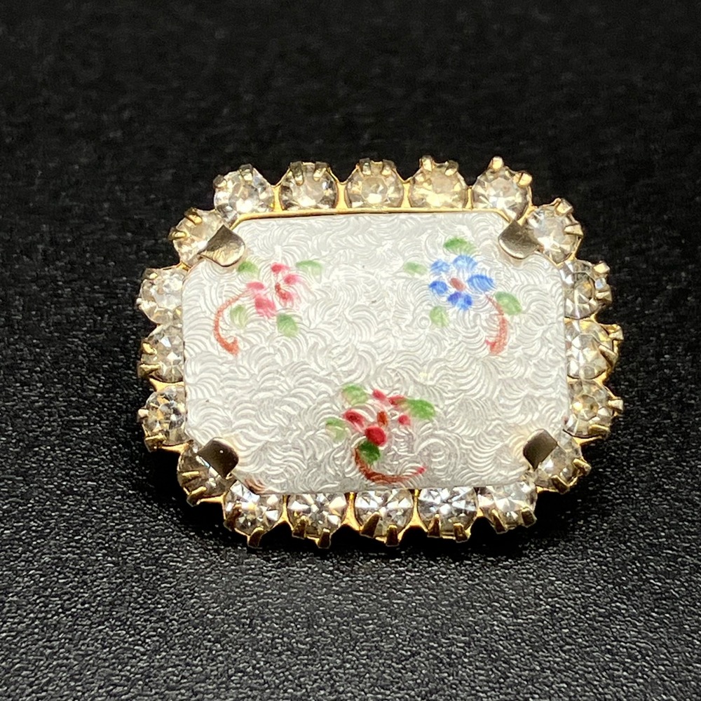 Vintage Guilloche Enamel Brooch White Enamel Flowers Clear Rhinestones Small Pin